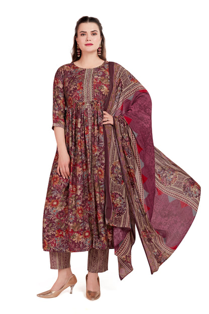 RICH BURGUNDY ETHNIC FRONT CUT KURTI SET