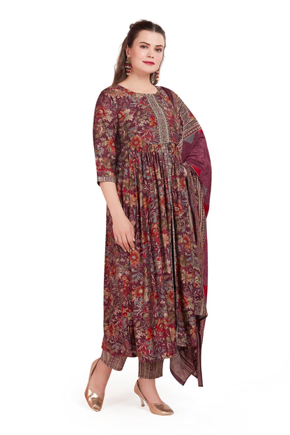 RICH BURGUNDY ETHNIC FRONT CUT KURTI SET