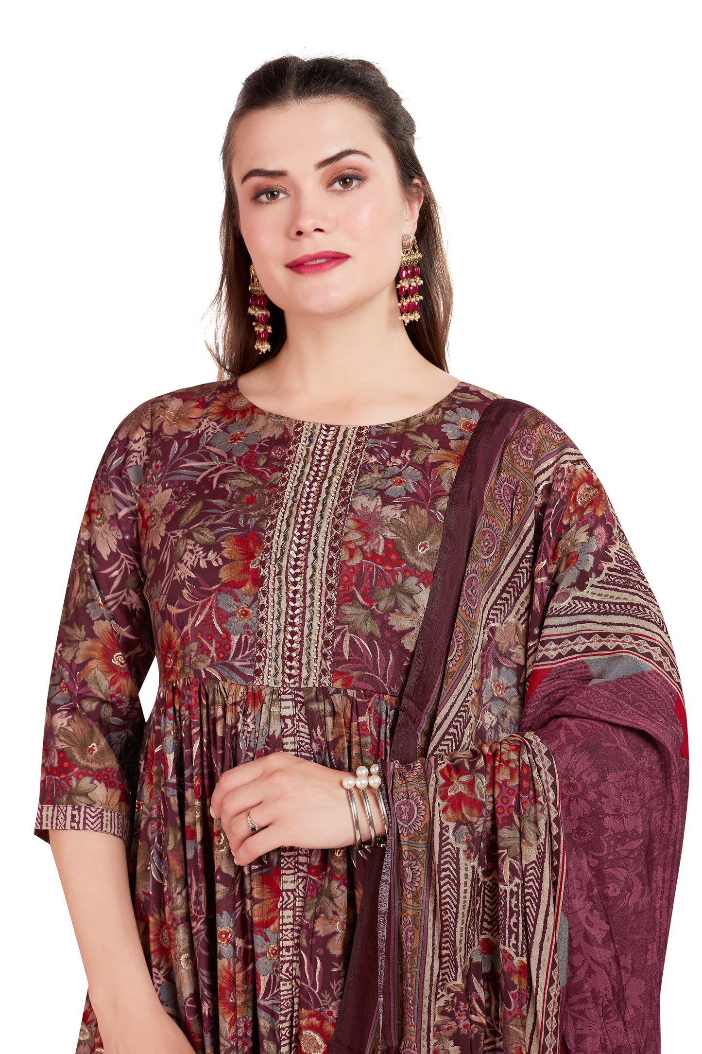 RICH BURGUNDY ETHNIC FRONT CUT KURTI SET