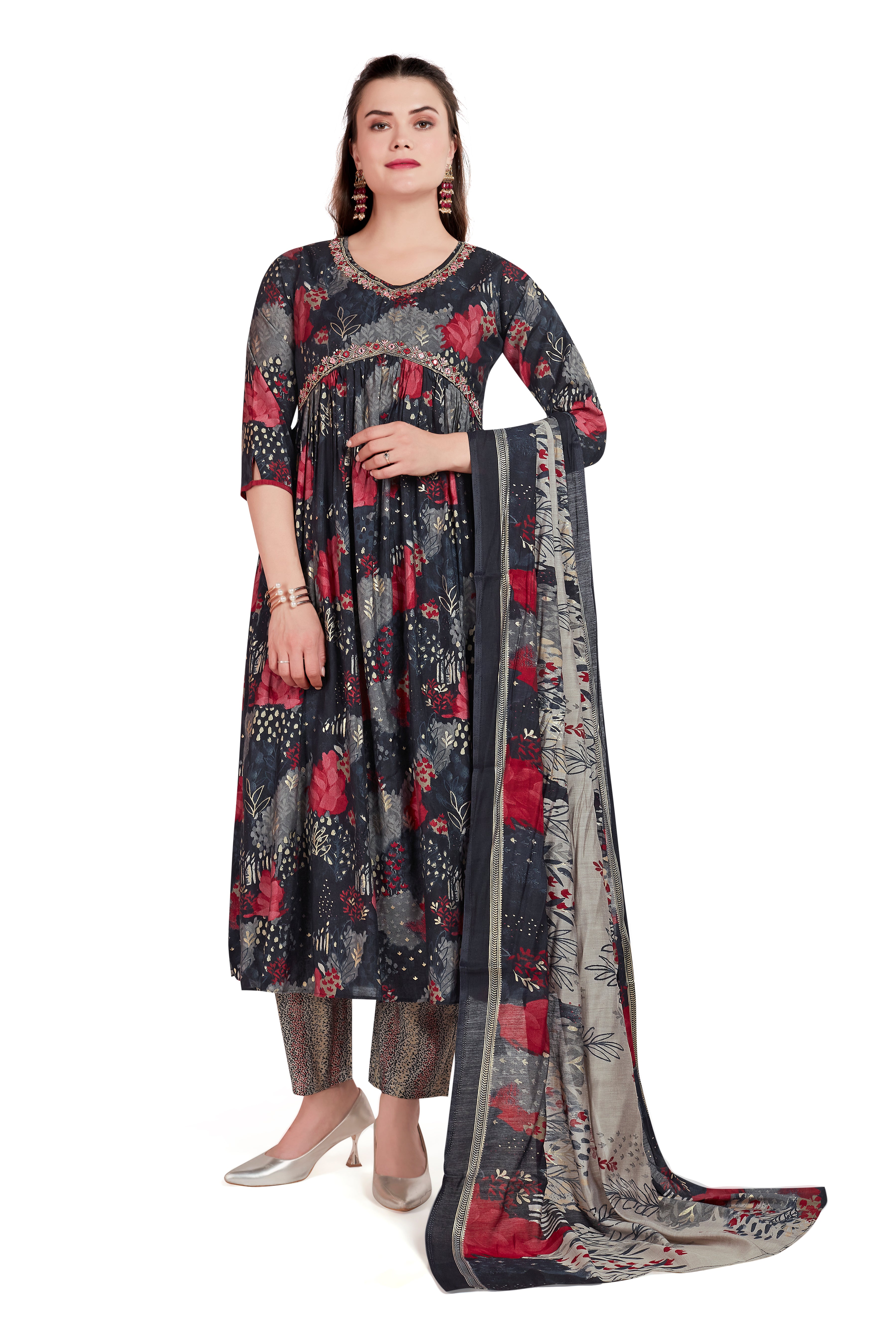 Elegant Dark Floral Anarkali Kurti set with Contrasting Dupatta