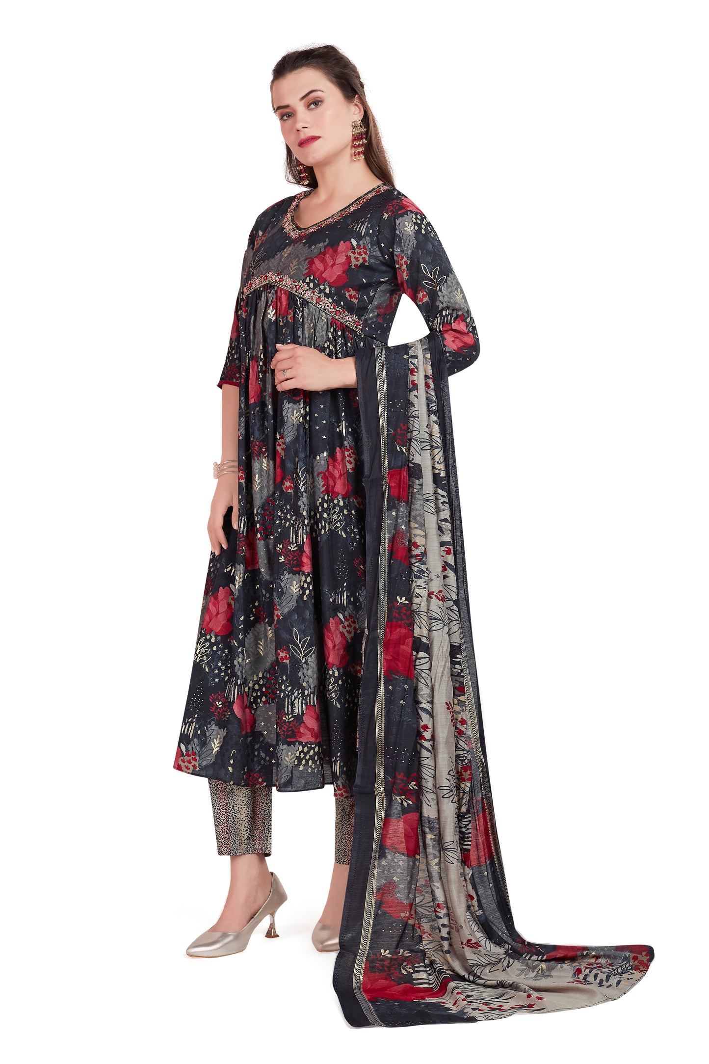 Elegant Dark Floral Anarkali Kurti set with Contrasting Dupatta