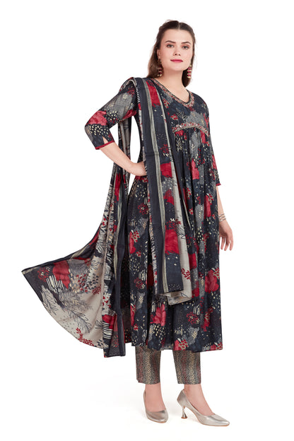 Elegant Dark Floral Anarkali Kurti set with Contrasting Dupatta