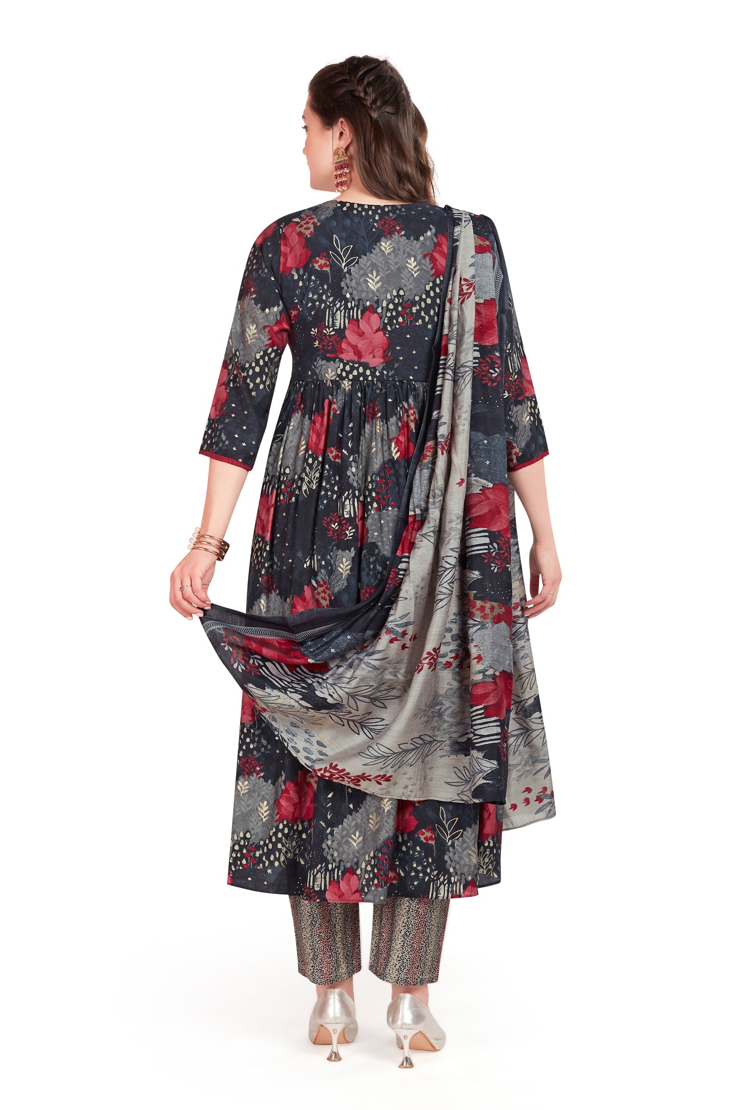 Elegant Dark Floral Anarkali Kurti set with Contrasting Dupatta