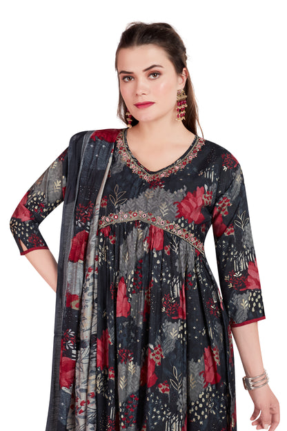 Elegant Dark Floral Anarkali Kurti set with Contrasting Dupatta