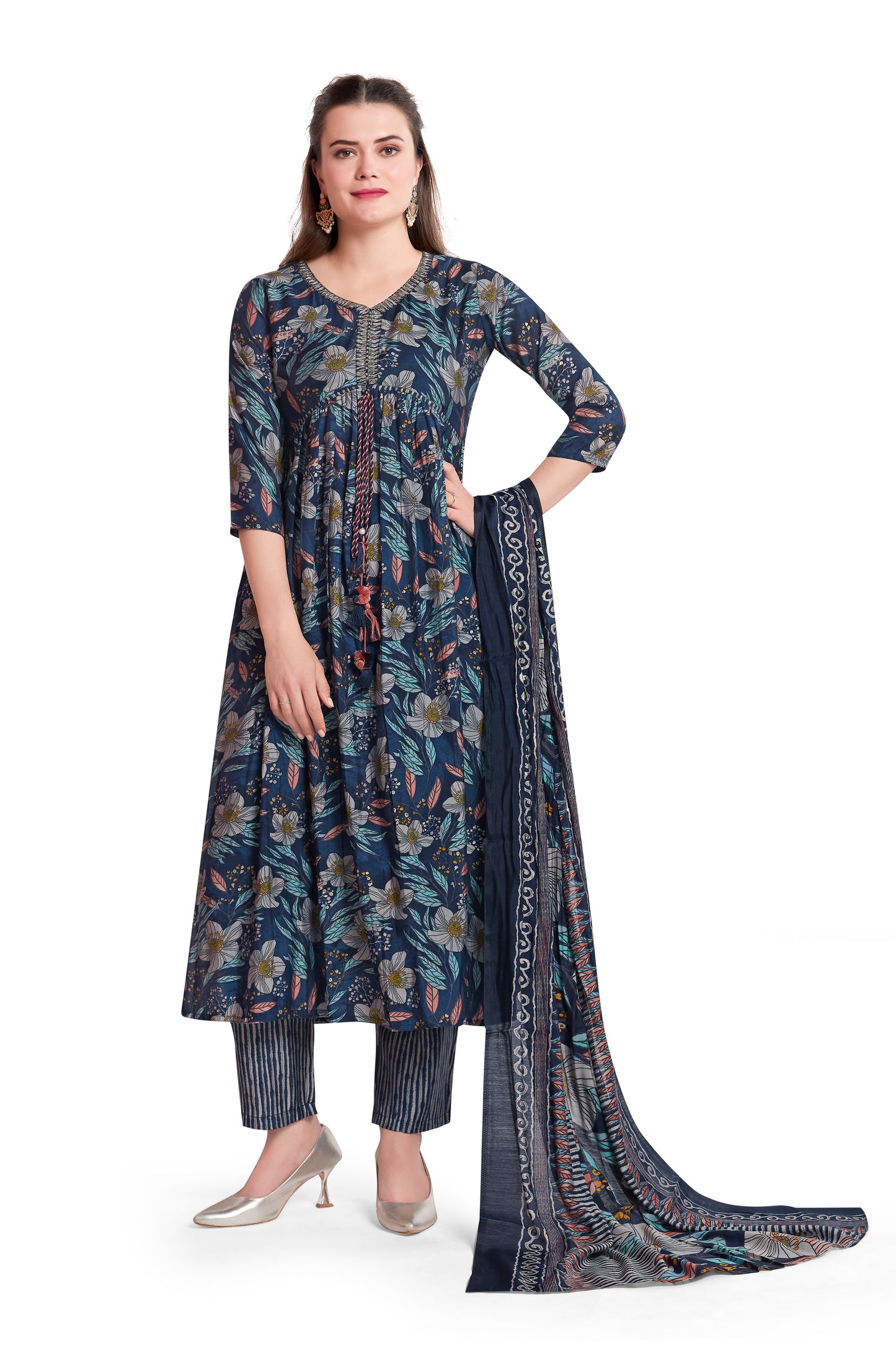 NAVY BLUE FLORAL ETHNIC KURTI SET