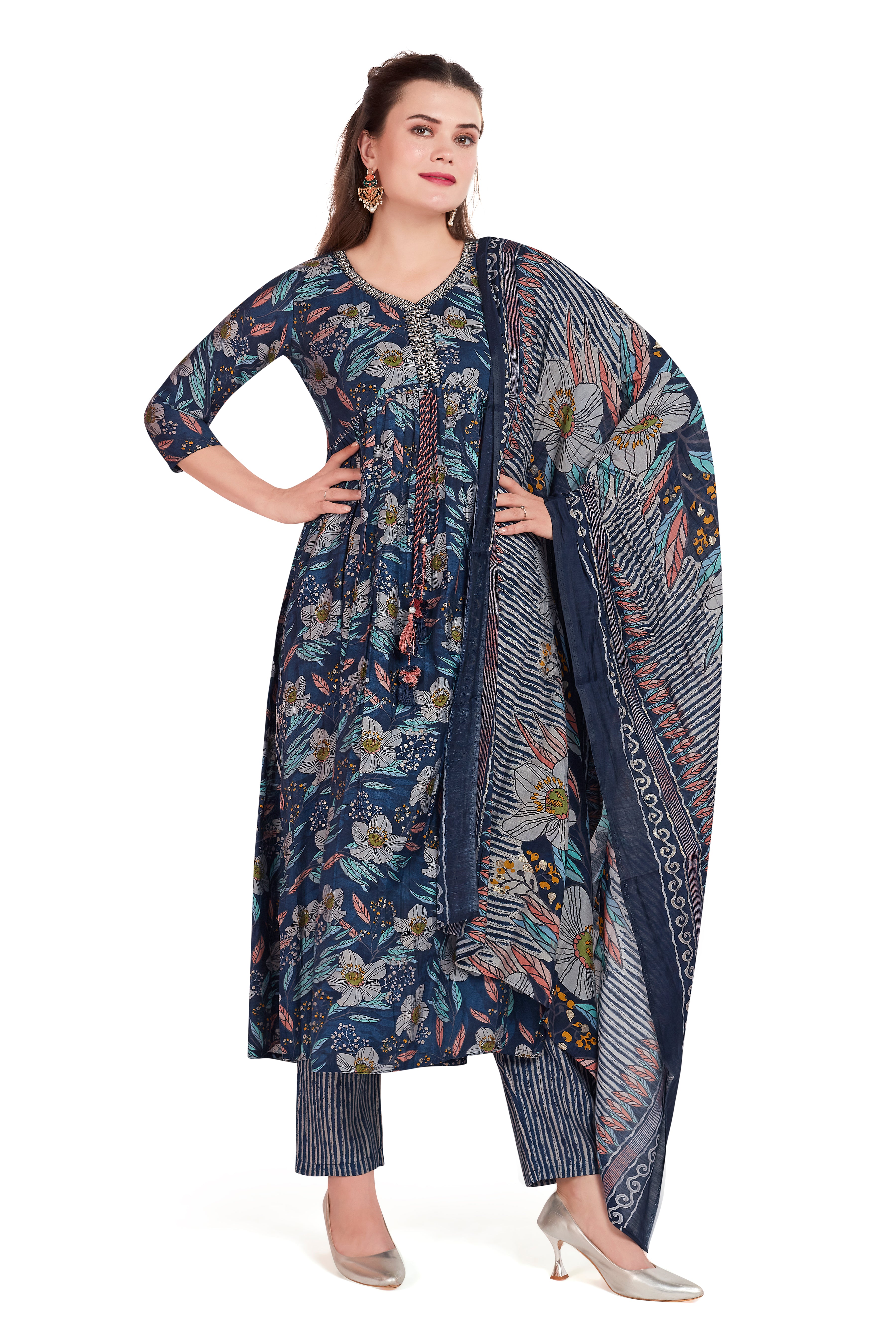 NAVY BLUE FLORAL ETHNIC KURTI SET