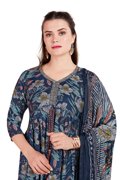 NAVY BLUE FLORAL ETHNIC KURTI SET